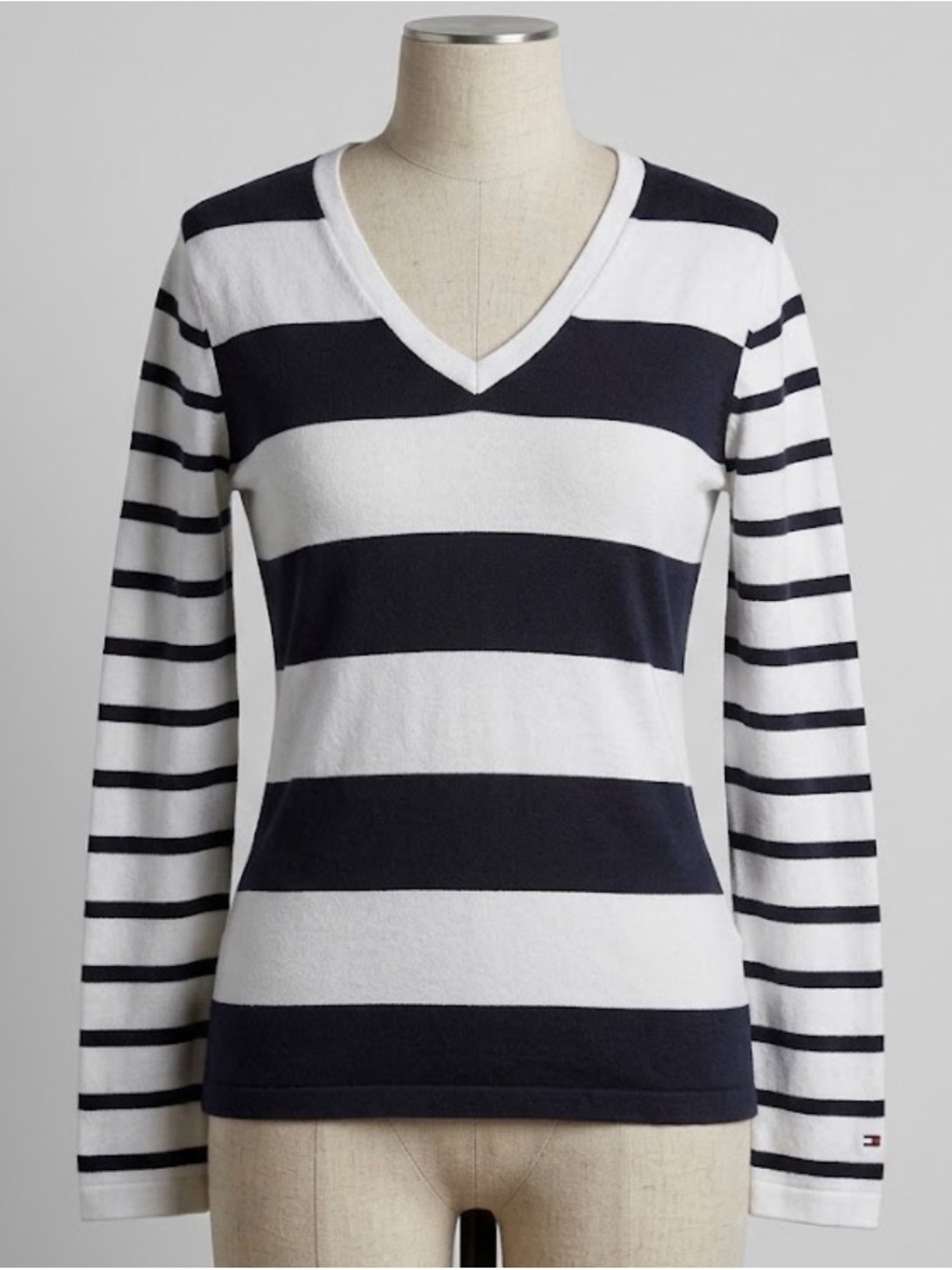 Tommy Hilfiger V-Neck Sweater Navy White Cotton Nautical Preppy Old Money 90s M